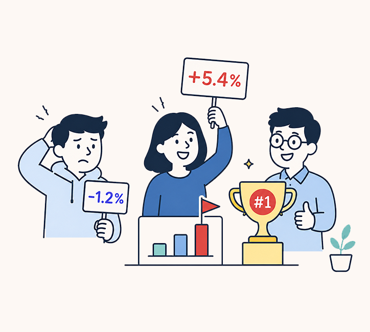 Friendly illustration showing participants in a virtual investing contest with returns and a ranking trophy.